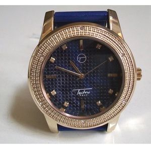 Men's Techno Pave Blue & Gold Finish Silicone Band Fashion Dressy Casual Watch